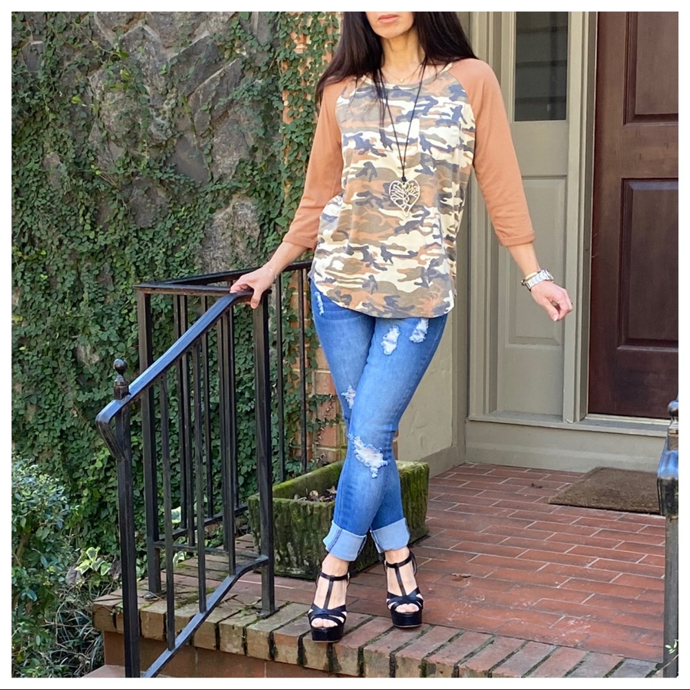 Mocha camouflage chic 3/4 sleeves top - Picture 6 of 8